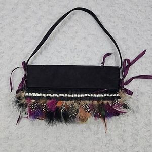Rare Victorias Sceret Feathered Boho Style Black and silver velvet rivet Purse